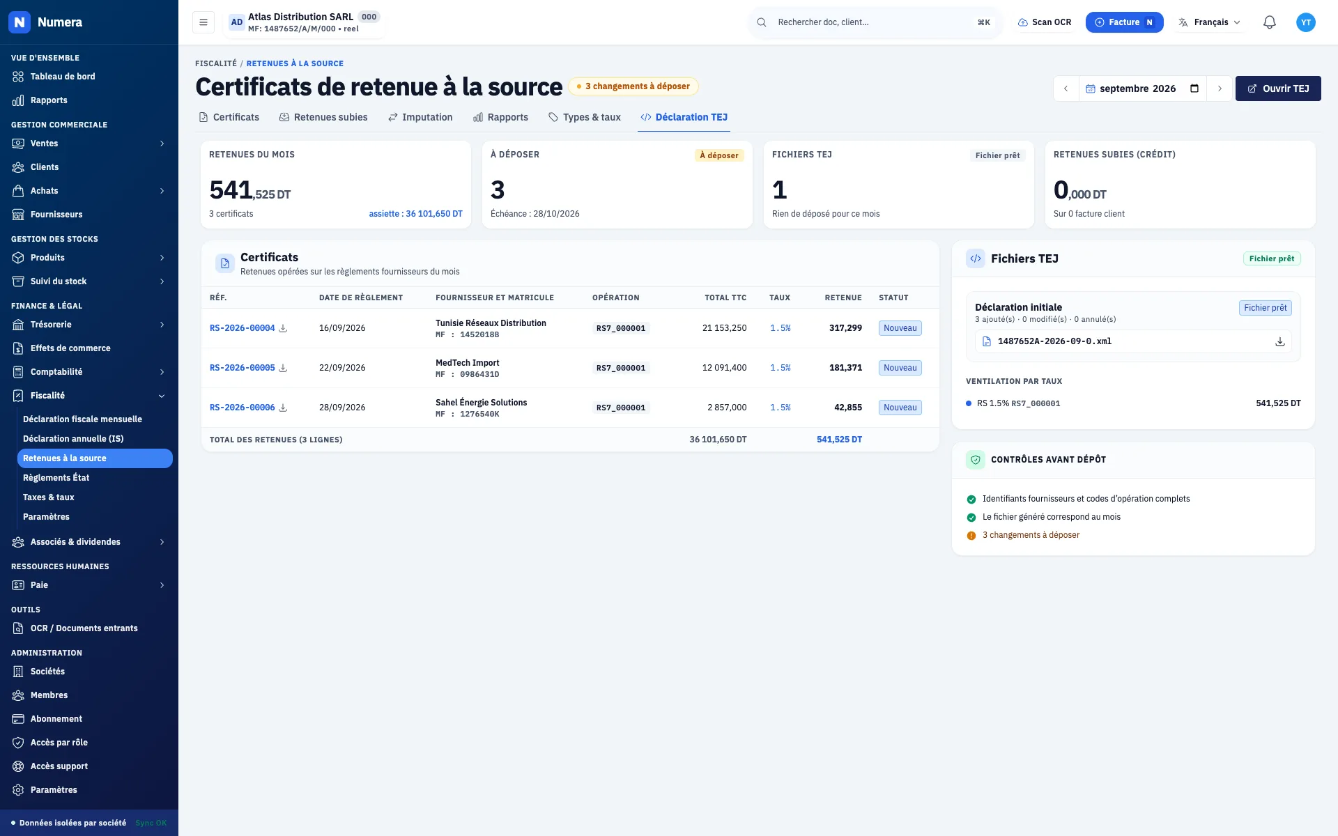 Déclaration mensuelle des retenues à la source, fichier XML prêt pour TEJ